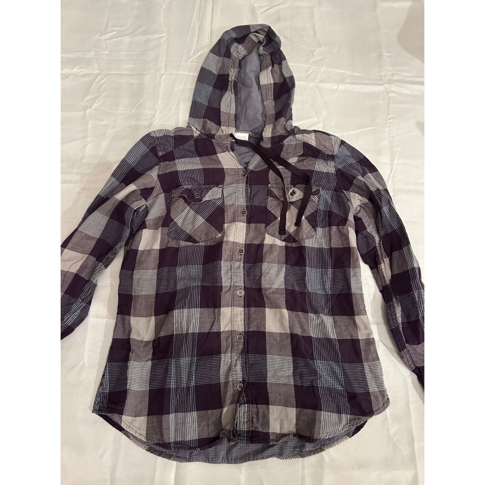 Columbia Hooded Flannel Womens Medium Purple Plaid Excellent Button Down Shirt